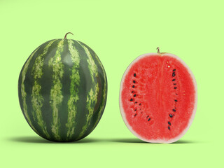 watermelon with a half cut piece front voiew 3d render on color background