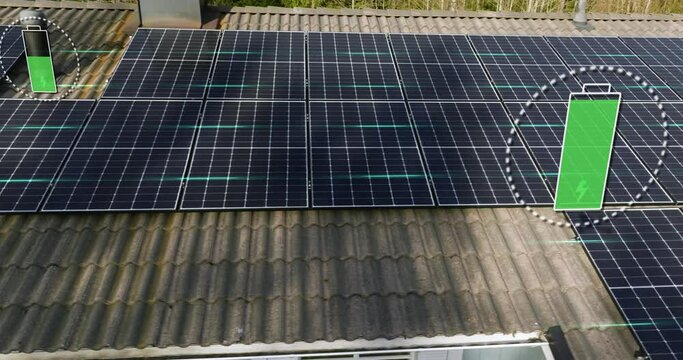 Aerial view of solar cells collecting sunlight to batteries on a house roof - motion graphics