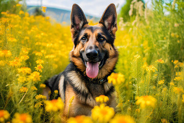 Pet Photography: German Shepherd Surrounded by Beautiful Flowers