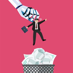 Robot throwing man in a trash can