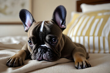 french bulldog puppy, french bulldog puppy sitting on the bed, bulldog deitado em lencois, cachorro peque. generative ai