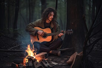 man playing guitar by the bonfire