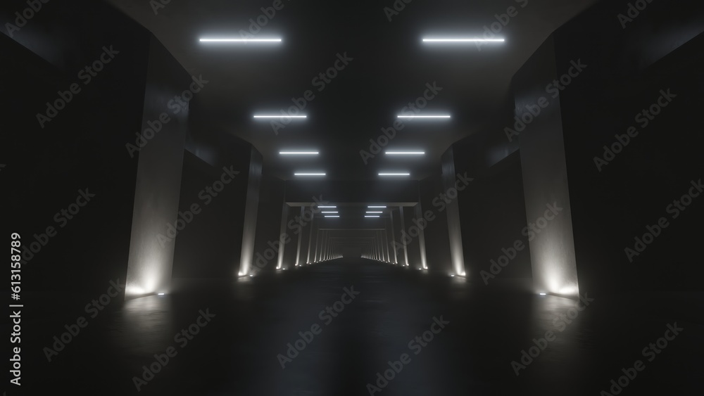 Poster 3d render of dark abstract concrete interior tunnel design with lighting.