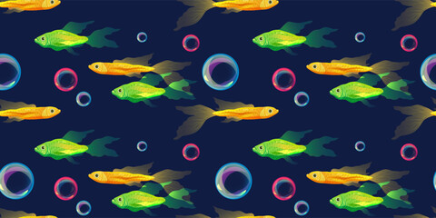Naklejka na ściany i meble Aquarium fishes vector print. Green, yellow, pink and blue set with fishes and bubbles. Colorful neon fishes vector pattern for fabric, textile, wrapping paper, cards ets. Dark blue background.