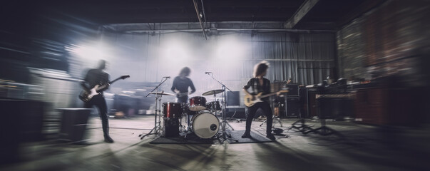 A rock band performing or  reheasing in a old warehouse. type stage.  Motion blur image.  A three piece rock band, playing.  Live performance. Hand edited generative AI. 