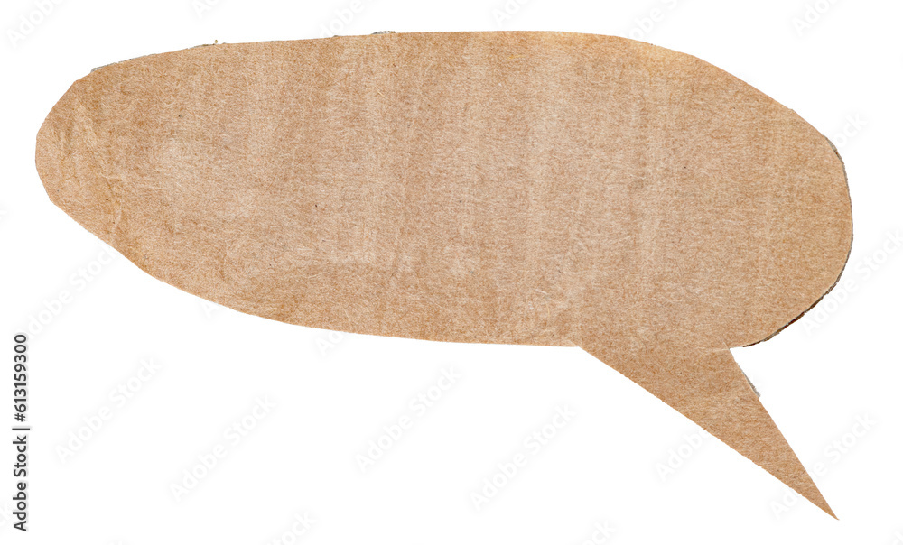Poster Blank cut out paper corrugated cardboard speech bubble of round shape with copy space for text on transparent or white background
