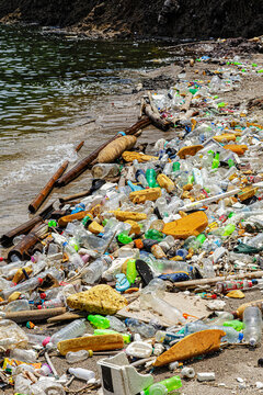 Plastic bottles of trash litter the beaches of the Philippines