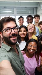 Happy selfie of young group of Erasmus students taking a photo with their teacher in the classroom.