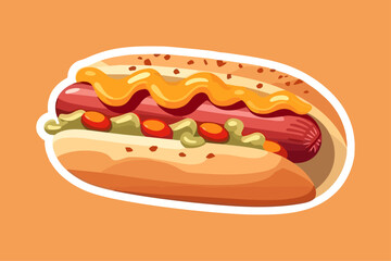Vector illustration cartoon flat style delicious appetizing hotdog hot dog sandwich with sausage mustard greens isolated on white sticker design bun with sausage fast food snack