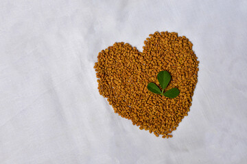 Fenugreek Seeds (Methi Dana) and leaves in heart shape on white background. Shambhala or helba seeds and leaves is traditional Indian seasoning Ayurvedic food. Used in culinary and medicine - obrazy, fototapety, plakaty