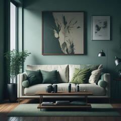 Modern Living Room in Green Palette Color Nature, Sofa With Pillows Near Large Window Big  Art Painting Frame On Wall, Natural Realistic Sunlight, Generative AI