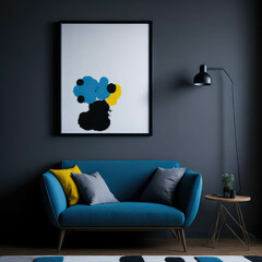 Modern Art Living Room Accent Blue Armchair, Big Frame On Wall, Natural Realistic Sunlight, Studio Gallery Generative AI