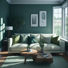 Modern Living Room in Green Palette Color Nature, Sofa With Pillows Near Large Window Big  Art Painting Frame On Wall, Natural Realistic Sunlight, Generative AI