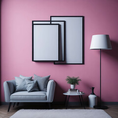  Art Living Room Accent Pink Wall With Armchair and Green Plants, Big Frame On Wall, Studio Gallery Generative AI