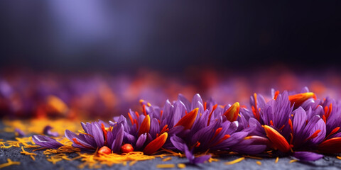 Saffron flower cultivation, and health benefits, copy space blurred background, Generative AI - obrazy, fototapety, plakaty