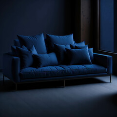 Minimalism Style Living room with Sofa Dark Blue Palette Color, Dark Mood With Soft Light From Window Clean Interrior Generative AI