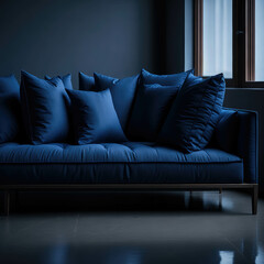 Minimalism Style Living room with Sofa Dark Blue Palette Color, Dark Mood With Soft Light From Window Clean Interrior Generative AI