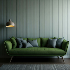 Minimalism Style Living room With Sofa Green Palette Color, Soft Light From Window Clean Interrior Generative AI