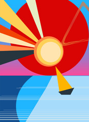  Abstract geometric background with sea, sun and sailboat. Colorful minimalism
vector illustration