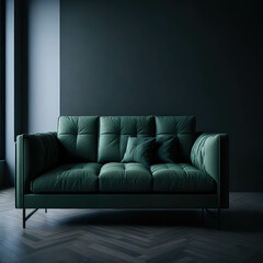 Minimalism Style Living room With Sofa Green Palette Color, Dark Mood With Soft Light From Window Clean Interrior Generative AI