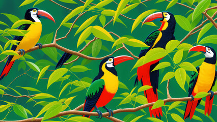 Illustration of toucans that sit on branches in a wild forest, in the tropics in a green area, Generative AI