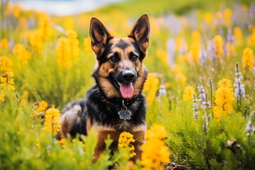 German Shepherd in Flower Field: Captivating Image of a Cute Canine