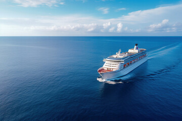 Fototapeta premium Cruise ship at harbor. Aerial view of beautiful large white ship at sunset. Colorful landscape with boats in marina bay, sea, colorful sky. Top view from drone of yacht. Luxury cruise. Generative AI