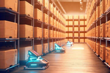 Future Technology 3D Concept: Automated Modern Retail Warehouse AGV Robots Transporting Cardboard Boxes in Distribution Logistics Center. Automated Guided Vehicles Delivering Goods, Generative AI
