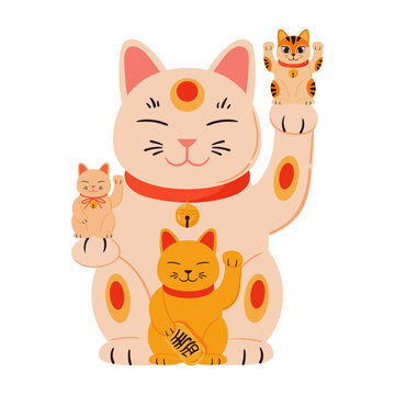 Fortune cat. Cartoon Japanese lucky maneki neko cat, oriental traditional cat toy flat vector illustration