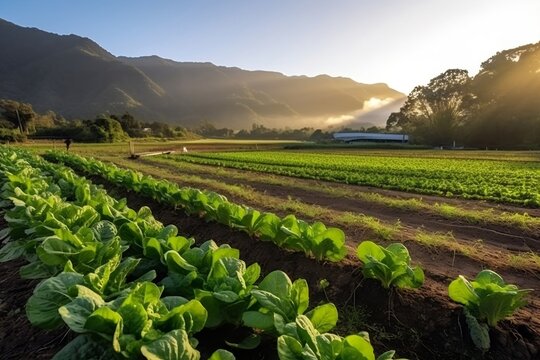 Organic lettuce growing in a sunlit field, Generative Ai