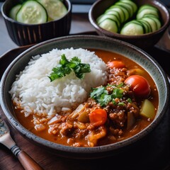 Spicy Bhutanese Ema Datshi with Rice and Salad