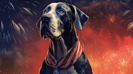 Patriotic Pooch: Great Dane Dog celebrating the Fourth of July at night with the American flag and fireworks behind.
