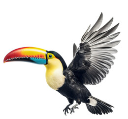 Obraz na płótnie Canvas Flying toucan isolated on the transparent background PNG. Top view. AI generative.