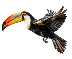 Flying toucan  isolated on the transparent background PNG. Top view. AI generative.