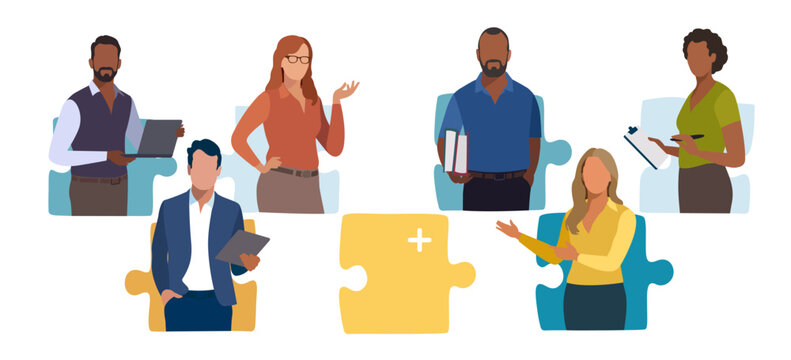 Missing. People at a puzzle elements. The concept of human resources, teamwork, solving problem. Vector flat illustration. 
