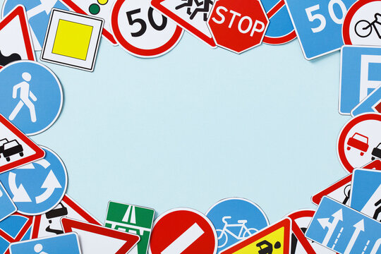 Driving school exam, Driving license test concept. Banner design with road signs and traffic symbols on color background.