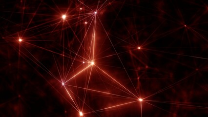 Naklejka na ściany i meble Red glowing grid of artificial network in three-dimensional logic space on microscopic level of abstract Plexus elements web. 3D illustration concept background for love emotion and technology banner.
