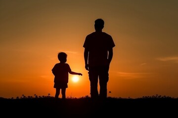 Fototapeta na wymiar Happy family, father and child, enjoying a sunset, Generative Ai
