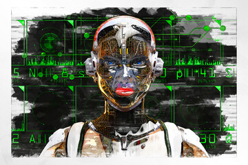 Artistic 3D illustration of a cyborg with artificial intelligence - 613162728