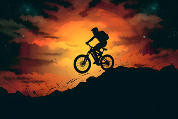 silhouette of a cyclist on the sunset ai generated illustration - obrazy, fototapety, plakaty