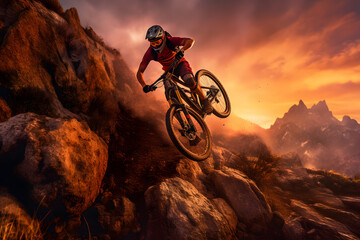 Fototapeta na wymiar mountain biker soaring through the air on a rugged trail ai generated art