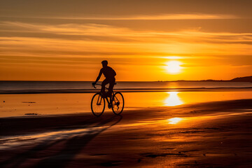Fototapeta na wymiar cyclist riding along a beach at sunset ai generated art