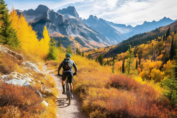 cyclist riding through a breathtaking mountain trail, surrounded by majestic peaks ai generated art - obrazy, fototapety, plakaty