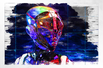 Artistic 3D illustration of a cyborg with artificial intelligence - 613162792