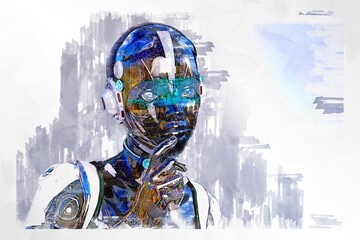 Artistic 3D illustration of a cyborg with artificial intelligence - 613162905