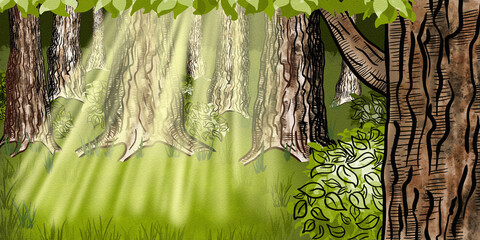sun rays penetrate through the canopy into the forest,  illustration