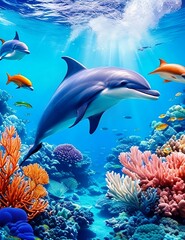 Fototapeta na wymiar AI generated image of a cute dolphin under the sea