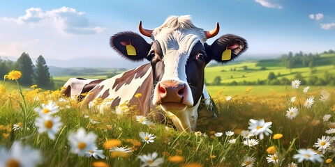 Cow grazes on a green meadow illustration. Generated AI.