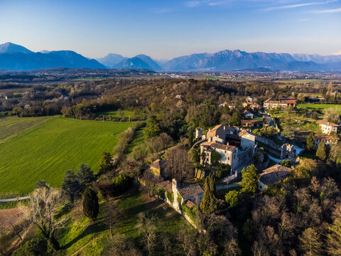 The ancient castle of Arcano in the Friuli hills seen from above.