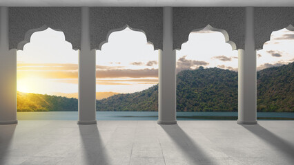 Mosque door arch with landscape view
